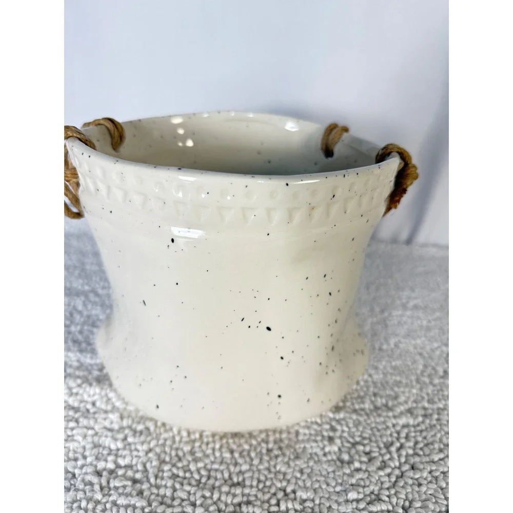 Creative Co Op Speckled Ceramic Planter‎ Pot Rustic Rope Detail Decorative